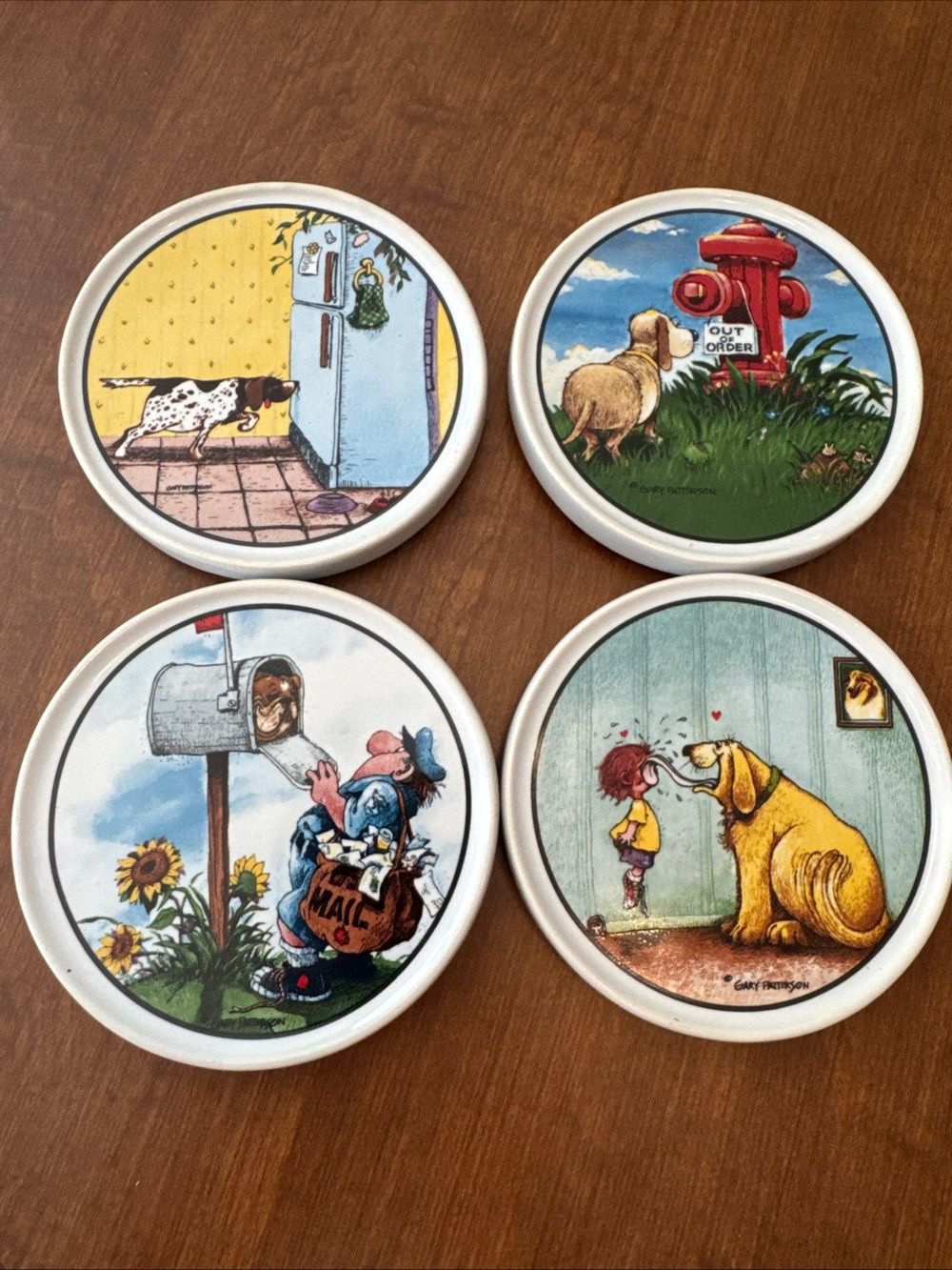 Whimsical Dog Illustration Ceramic Coasters - White with Multicolor Artwork